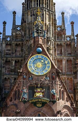Picture - Clock with Emperor Charles IV. in the Mannleinlaufen mechanical clock, west facade, Gothic parish church of Our Lady, Nuremberg, Middle Franconia, Franconia, Bavaria, Germany, Europe. Fotosearch