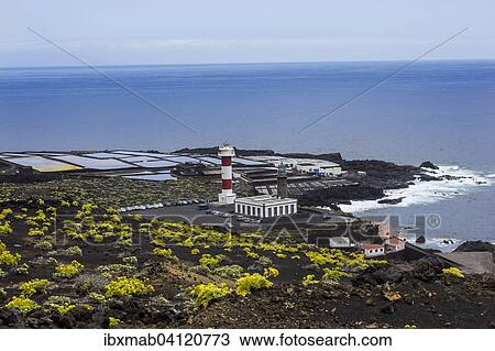 Stock Image - Coastline with Teneguia saltworks, old and new lighthouse, south cape Punta de Fuencaliente, La Palma, Canary Islands, Spain, Europe. Fotosearch