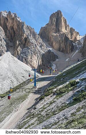 Stock Image - Colourful gondola lift, built in 1956, to Lorenzihutte refuge, 2932 m, Rifugio Son Forca, Cristallo group Ampezzo Dolomites, Cortina d'Ampezzo, Province of Belluno, Veneto, Italy, Europe. Fotosearch