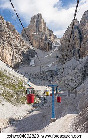 Stock Photo - Colourful gondola lift, built in 1956, to Lorenzihutte refuge, 2932 m, Rifugio Son Forca, Cristallo group Ampezzo Dolomites, Cortina d'Ampezzo, Province of Belluno, Veneto, Italy, Europe. Fotosearch