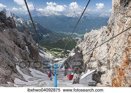 Stock Photography - Colourful gondola lift, built in 1956, to Lorenzihutte refuge, 2932 m, Rifugio Son Forca, Cristallo group Ampezzo Dolomites, Cortina d'Ampezzo, Province of Belluno, Veneto, Italy, Europe. Fotosearch