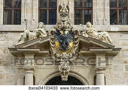 Crest with eagle and allegorical figures, Office of the Nuremberg Reichsschultheiss or Imperial mayor, Old City Hall, also Wolff'scher Bau, historic centre, Nuremberg, Middle Franconia, Franconia, Bavaria, Germany, Europe View Large Photo Image Stock Image - Crest with eagle and allegorical figures, Office of the Nuremberg Reichsschultheiss or Imperial mayor, Old City Hall, also Wolff'scher Bau, historic centre, Nuremberg, Middle Franconia, Franconia, Bavaria, Germany, Europe. Fotosearch