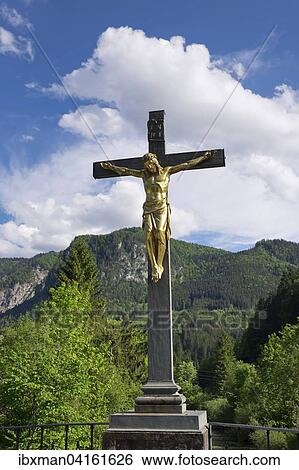 Stock Photograph - Crucifix on the Topperbrucke bridge, Kasten, Lunz am See, Eisenwurzen, Mostviertel, Lower Austria, Austria, Europe. Fotosearch