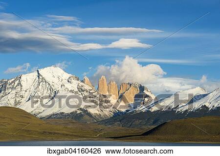 Stock Photograph - Cuernos del Paine and Amarga Lagoon, Torres del Paine National Park, Chilean Patagonia, Chile, South America. Fotosearch