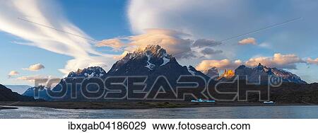 Cuernos del Paine and Lago Grey in evening light, Torres del Paine National Park, Chilean Patagonia, Chile, South America View Large Photo Image Stock Photo - Cuernos del Paine and Lago Grey in evening light, Torres del Paine National Park, Chilean Patagonia, Chile, South America. Fotosearch