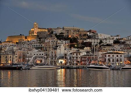 Stock Image - Dalt Vila of Ibiza or Eivissa, evening, Ibiza Town, Ibiza, Balearic Islands, Spain, Europe. Fotosearch