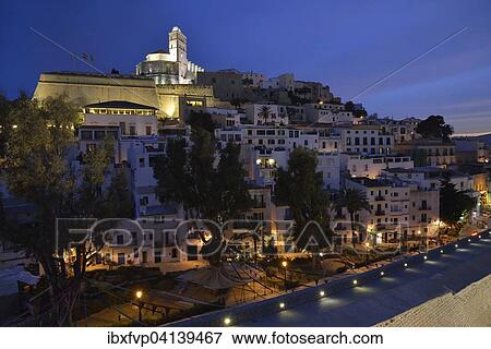 Stock Photo - Dalt Vila of Ibiza or Eivissa, evening, Ibiza Town, Ibiza, Balearic Islands, Spain, Europe. Fotosearch