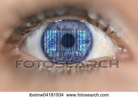 Picture - Detail of eye with barcode EAN, European Article Number, on iris, symbolic image, transparent customer. Fotosearch