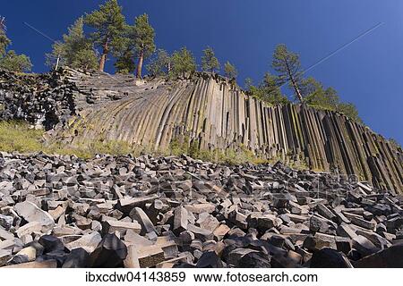 Devils Postpile National Monument, basalt columns, with pine trees, Mammoth Mountain, Reds Meadow Valley, Sierra Nevada, California, USA View Large Photo Image Stock Photo - Devils Postpile National Monument, basalt columns, with pine trees, Mammoth Mountain, Reds Meadow Valley, Sierra Nevada, California, USA. Fotosearch