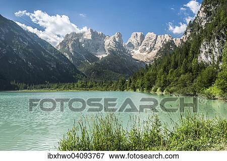 Stock Photo - Durrensee lake in Hohlensteintal valley or Val di Landro, South Tyrol, at the back the Cristallo group Ampezzo Dolomites, Alps, Cortina d'Ampezzo, Veneto, Italy, Europe. Fotosearch