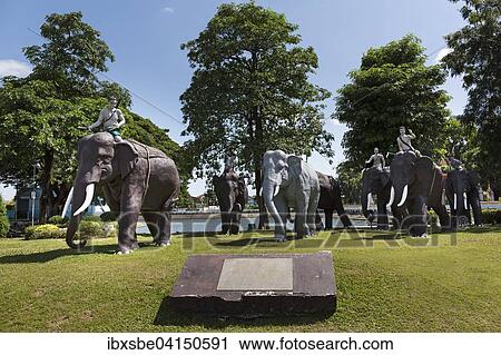 Stock Image - Elephant Monument with lucky elephant at the Surin Phakdi Si Narong Changwang Monument, Surin, Surin Province, Isaan, Isaan, Thailand, Asia. Fotosearch