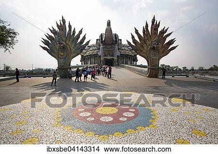 Elephant Temple Thep Wittayakhom Vihara, Wittayakom, mosaic, ceramic mosaic in front of the bridge of the two Naga kings, Wat Baan Rai, Korat, Nakhon Ratchasima Province, Isaan, Isan, Thailand, Asia View Large Photo Image Picture - Elephant Temple Thep Wittayakhom Vihara, Wittayakom, mosaic, ceramic mosaic in front of the bridge of the two Naga kings, Wat Baan Rai, Korat, Nakhon Ratchasima Province, Isaan, Isan, Thailand, Asia. Fotosearch
