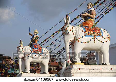 Stock Photo - Elephants at the entrance to Boudhanath Stupa, Kathmandu, Nepal, Asia. Fotosearch