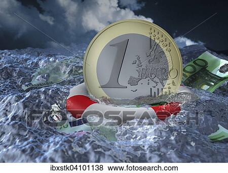 Euro coin floating in water with a life buoy View Large Photo Image Stock Photo - Euro coin floating in water with a life buoy. Fotosearch