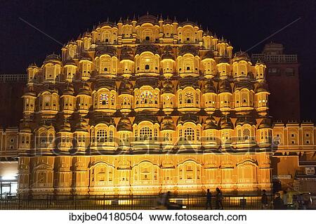 Facade of the Hawa Mahal, Palace of the Winds, at night, Jaipur, Rajasthan, India, Asia View Large Photo Image Picture - Facade of the Hawa Mahal, Palace of the Winds, at night, Jaipur, Rajasthan, India, Asia. Fotosearch
