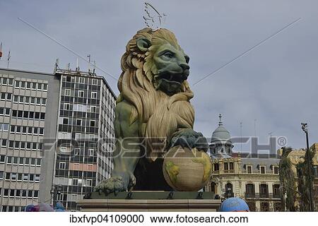 Stock Image - Falla figure, lion made of paper mache, Fallas festival, Valencia, Spain, Europe. Fotosearch