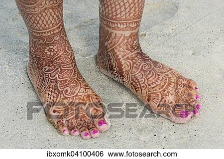 Stock Photograph - Feet of a bridge painted with henna, traditional mehndi design, beach, Kerala, India, Asia. Fotosearch