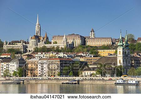 Stock Image - Fisherman's Bastion, Matthias Church and Hilton Hotel, Budapest, Hungary, Europe. Fotosearch