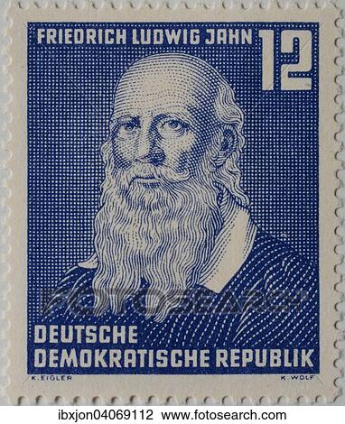 Stock Image - Friedrich Ludwig Jahn, a German gymnastics educator and nationalist, portrait on a historic stamp, GDR. Fotosearch