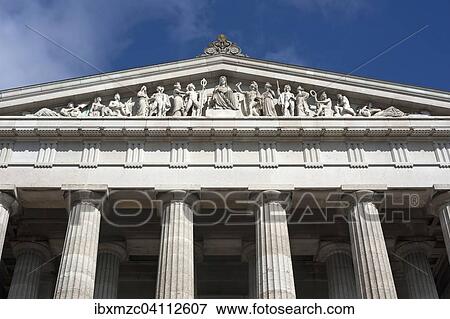 Stock Photo - Gable with sculptures, facade of the Walhalla memorial, Donaustauf, Upper Palatinate, Bavaria, Germany, Europe. Fotosearch