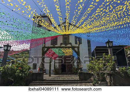 Stock Image - Garlands at the church of Sao Jorge, Madeira, Portugal, Europe. Fotosearch