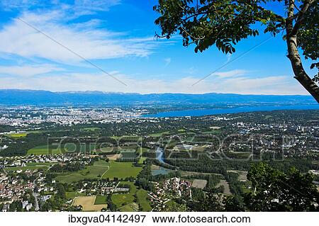 Geneva basin, city of Geneva and outflow of Lake Geneva, view from Mount Saleve, Pas de L'Echelle, Etrembieres, Haute Savoie, France, Europe View Large Photo Image Stock Photo - Geneva basin, city of Geneva and outflow of Lake Geneva, view from Mount Saleve, Pas de L'Echelle, Etrembieres, Haute Savoie, France, Europe. Fotosearch