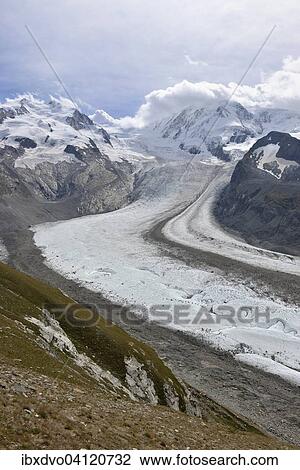 Stock Image - Gorner Glacier in the Monte Rosa area, Northrend and Dufour Peak, Zermatt, Canton of Valais, Switzerland, Europe. Fotosearch