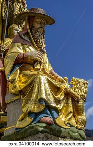 Gothic saint figure of the Church Father St. Jerome, Schoner Brunnen fountain, Nuremberg, Middle Franconia, Franconia, Bavaria, Germany, Europe View Large Photo Image Picture - Gothic saint figure of the Church Father St. Jerome, Schoner Brunnen fountain, Nuremberg, Middle Franconia, Franconia, Bavaria, Germany, Europe. Fotosearch