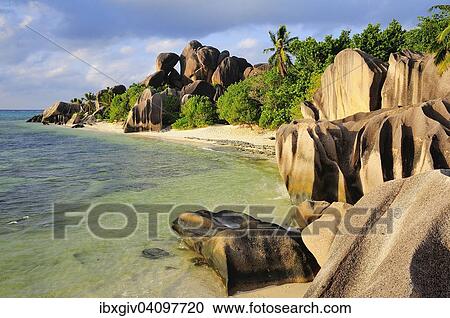 Stock Image - Granite rocks on Anse Source d'Argent beach, La Digue Island, La Digue and Inner Islands, Seychelles, Africa. Fotosearch