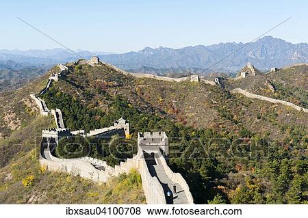 Stock Photo - Great Wall of China, historical border fortress, restored section with watchtowers, winding its way over mountain ridge, Jinshanling, China, Asia. Fotosearch