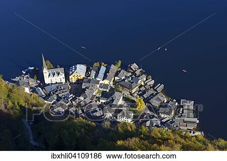 Hallstatt lake view from above, Upper Austria, Austria, Europe View Large Photo Image Stock Photograph - Hallstatt lake view from above, Upper Austria, Austria, Europe. Fotosearch