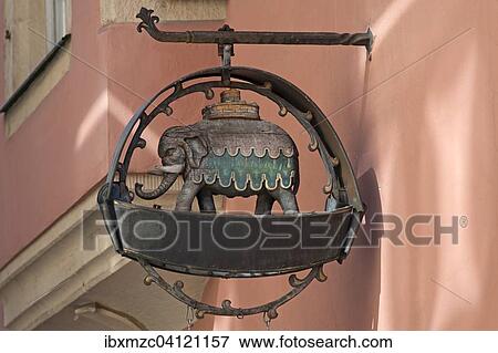 Stock Photo - Hanging sign at the Haus zum Elephanten, former pharmacy 1629-1980, Regensburg, Upper Palatinate, Bavaria, Germany, Europe. Fotosearch