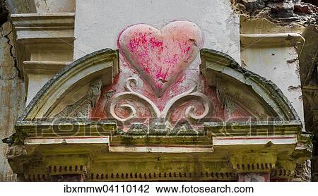 Stock Image - Heart carved in a wall in the ruins of a church, Franciscan monastery of Orezza, Valle di-Rostino, Haute-Corse, Corsica, France, Europe. Fotosearch