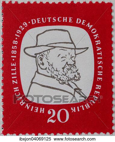 Stock Photography - Heinrich Zille, a German illustrator and photographer, portrait on a stamp, GDR, 1958. Fotosearch