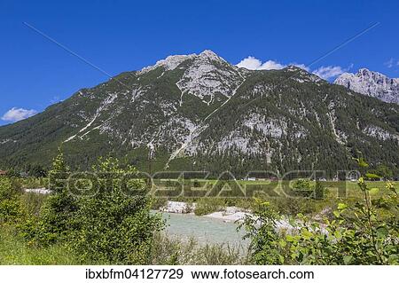 Stock Photo - Hiking area Leutasch in Tyrol, Ache stream, Gehrenspitze 2367m, Wetterstein, Tyrol, Austria, Europe. Fotosearch