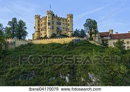 Stock Photo - Hohenschwangau Castle, Schwangau, Konigswinkel, Ostallgau, Allgau, Swabia, Bavaria, Germany, Europe. Fotosearch