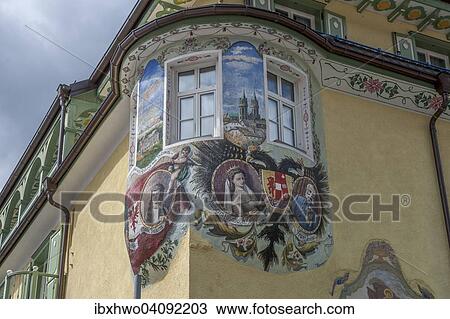 Stock Image - Hotel Dolomiti, bay window with wall painting design of the Austrian Empire, Canazei, Trentino-Alto Adige, Italy, Europe. Fotosearch