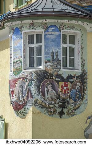 Stock Photograph - Hotel Dolomiti, bay window with wall painting design of the Austrian Empire, Canazei, Trentino-Alto Adige, Italy, Europe. Fotosearch