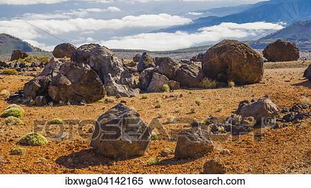 Stock Photography - Huevos del Teide, Teide eggs, lava boulders, Montana Blanca, Pico del Teide, 3718m, Parque Nacional de las Canadas del Teide, Teide National Park, UNESCO World Heritage Site, Tenerife, Canary Islands, Spain, Europe. Fotosearch