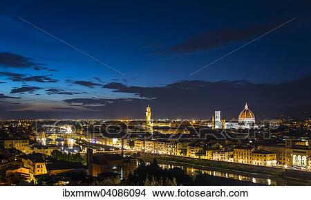Picture - Illuminated city panorama at dusk with Florence Cathedral, Duomo Santa Maria del Fiore with the dome by Brunelleschi, Palazzo Vecchio, Ponte Vecchio, UNESCO World Heritage Site, Florence, Tuscany, Italy, Europe. Fotosearch