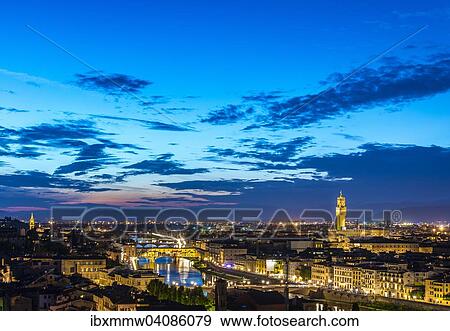 Illuminated city panorama at dusk with Florence Cathedral, Duomo Santa Maria del Fiore with the dome by Brunelleschi, Palazzo Vecchio, Ponte Vecchio, UNESCO World Heritage Site, Florence, Tuscany, Italy, Europe View Large Photo Image Stock Photo - Illuminated city panorama at dusk with Florence Cathedral, Duomo Santa Maria del Fiore with the dome by Brunelleschi, Palazzo Vecchio, Ponte Vecchio, UNESCO World Heritage Site, Florence, Tuscany, Italy, Europe. Fotosearch
