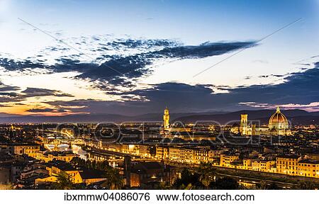 Illuminated city panorama at dusk with Florence Cathedral, Duomo Santa Maria del Fiore with the dome by Brunelleschi, Palazzo Vecchio, Ponte Vecchio, UNESCO World Heritage Site, Florence, Tuscany, Italy, Europe View Large Photo Image Stock Photograph - Illuminated city panorama at dusk with Florence Cathedral, Duomo Santa Maria del Fiore with the dome by Brunelleschi, Palazzo Vecchio, Ponte Vecchio, UNESCO World Heritage Site, Florence, Tuscany, Italy, Europe. Fotosearch