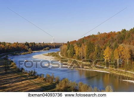 Stock Photograph - Isar, Heizkraftwerk Sud thermal power station in the distance, from Grosshesseloh Bridge, Munich, Upper Bavaria, Bavaria, Germany, Europe. Fotosearch