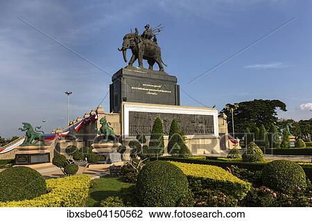 Stock Image - King Rama I Monument, elephant, roundabout, Buri Ram, Buriram Province, Isan, Isaan, Thailand, Asia. Fotosearch