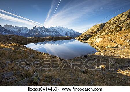 Stock Photo - Lac des Chesery with Mont Blanc massif behind, Chamonix, Rhone-Alpes, France, Europe. Fotosearch
