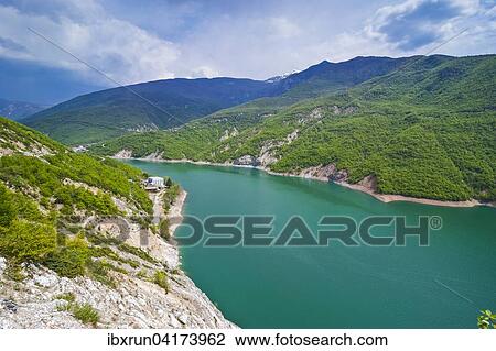 Stock Image - Lake Mavrovo, Mavrovo National Park, Macedonia, Europe. Fotosearch