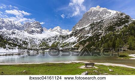 Picture - Lake Seebensee, Sonnenspitze, Schartenkopf and Vorderer Drachenkopf mountains, Wetterstein, Tyrol, Austria, Europe. Fotosearch