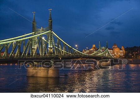 Picture - Liberty Bridge, Gellert Hotel behind, Danube River, Budapest, Hungary, Europe. Fotosearch