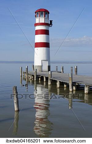 Stock Image - Lighthouse at port, Podersdorf am See, Burgenland, Austria, Europe. Fotosearch