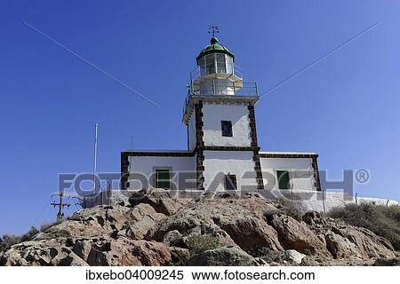 Stock Photography - Lighthouse, Cape Akrotiri, in Faros, Santorini, Cyclades, Aegean Sea, Greece, Europe. Fotosearch